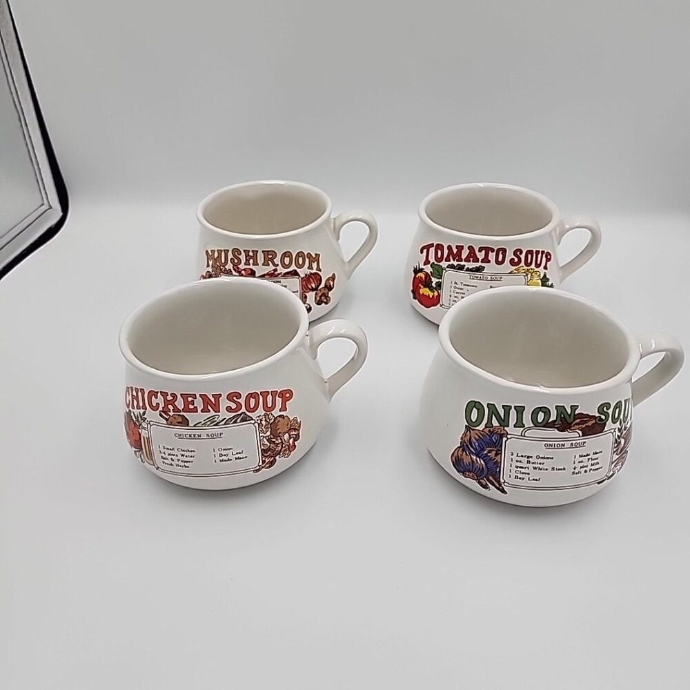 Vtg Soup Recipe Mugs Retro 70's Kitchen Set of 4 CHICKEN ONION TOMATO MUSHROOM